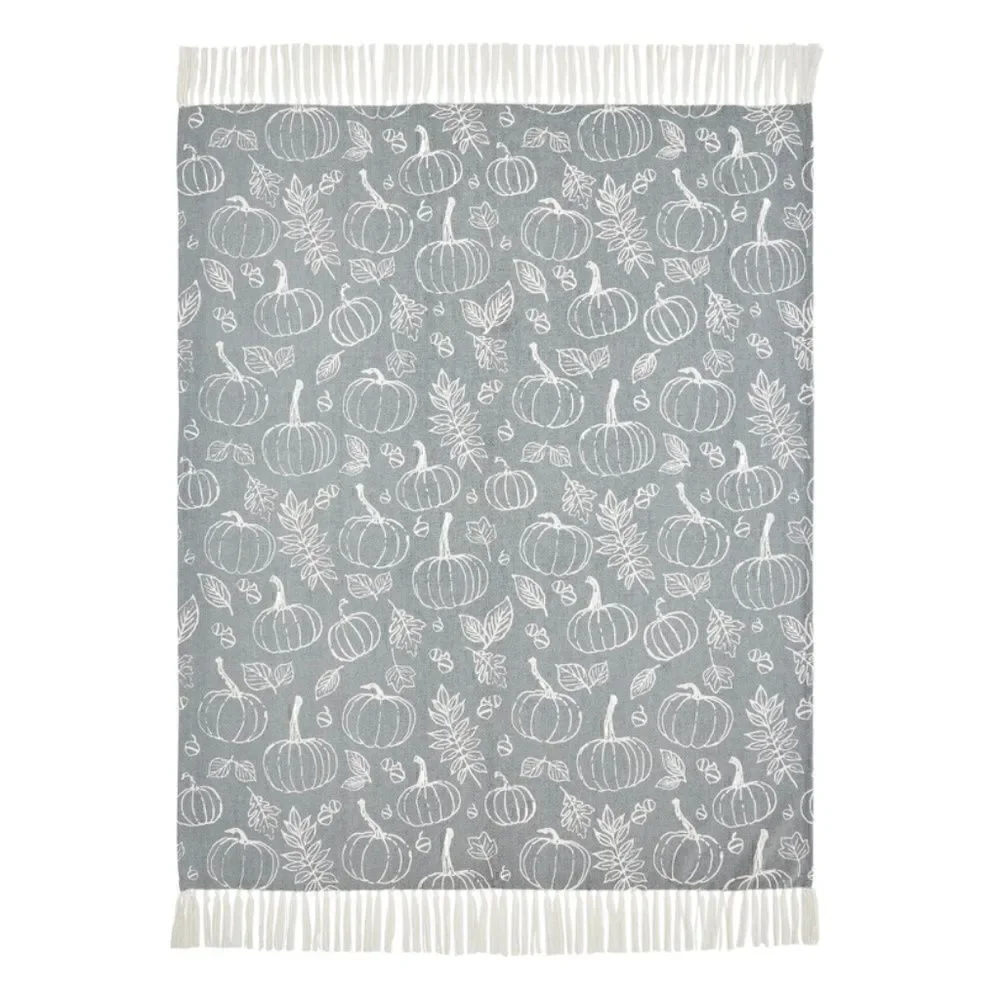 NEW! Harvest Pumpkin Gray Cotton Blend Woven Throw Blanket Tassels Autumn Fall